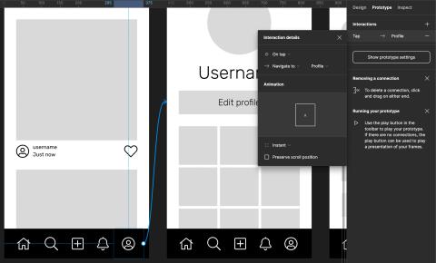 Clicking on the first wireframe's "Profile" button links to the second wireframe.