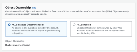 The Object Ownership screen of Amazon S3 Bucket creation