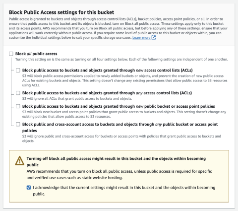 The Public Access settings configuration screen of Amazon S3 Bucket creation
