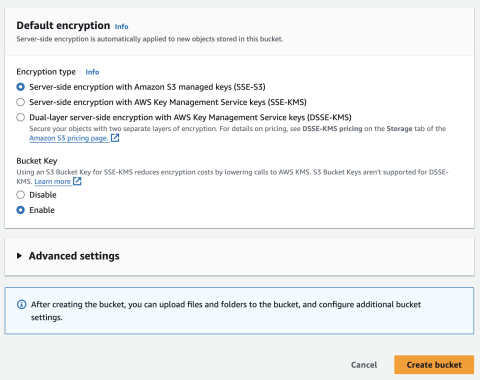The Final screen of Amazon S3 Bucket creation