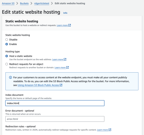 The static website hosting configuration page in Amazon S3