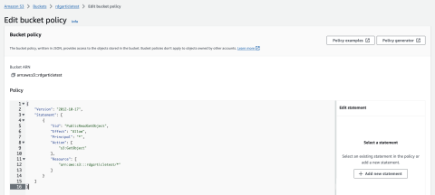 Amazon S3 bucket policy configuration screen