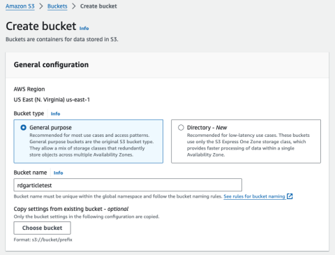 The General configuration screen of Amazon S3 bucket creation